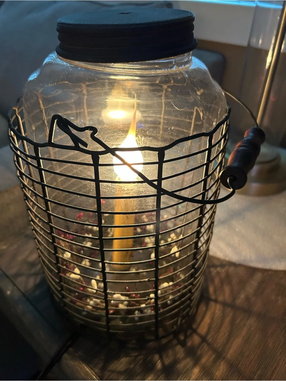 Country Primitive glass and metal caged candle lantern with handle and with pip